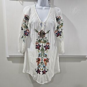 Womens Tunic Top S Embroidered Boho Floral Gauze Smocked Colorful Peasant Hippie